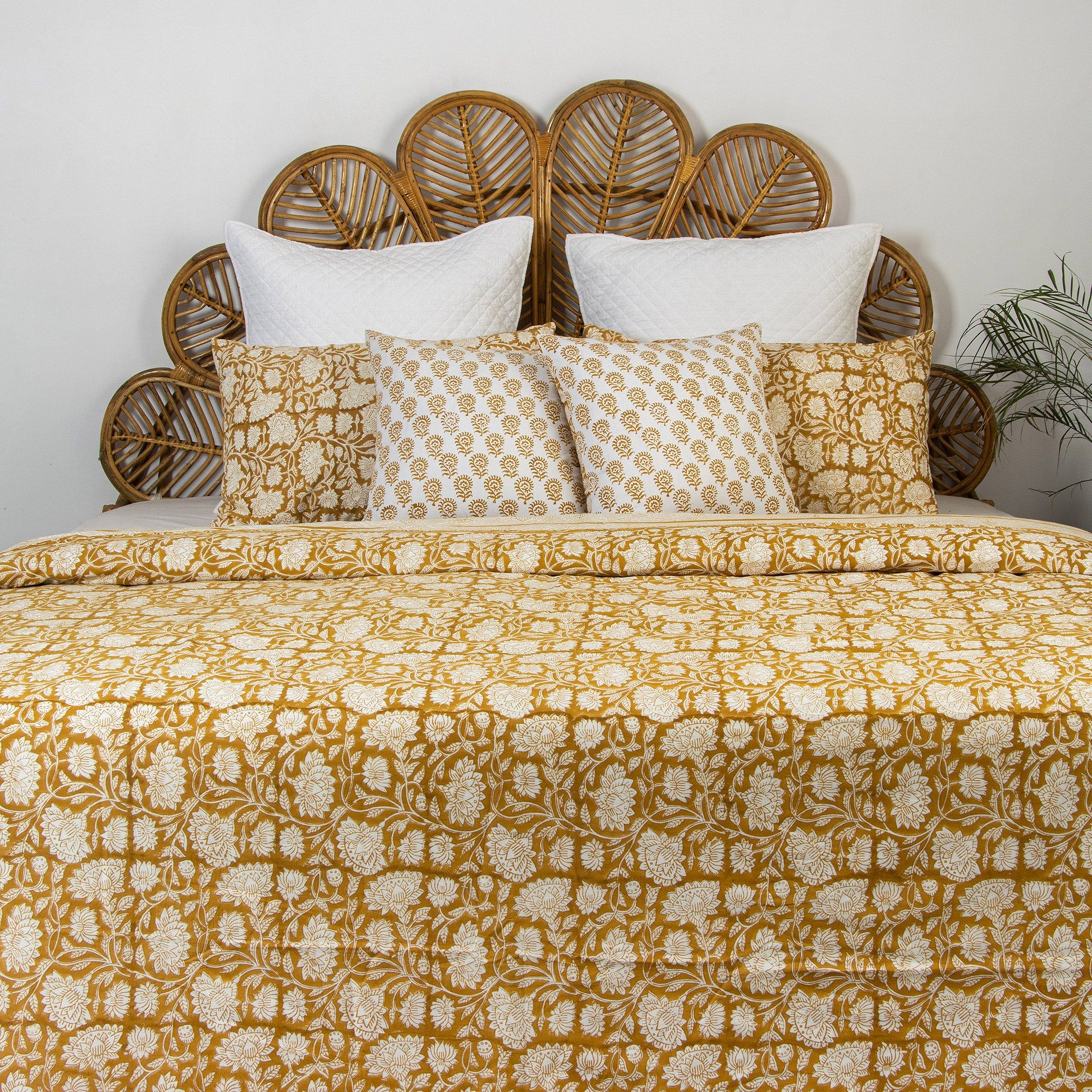 Hand Block Yellow Floral Printed Cotton Dohar Double Bed